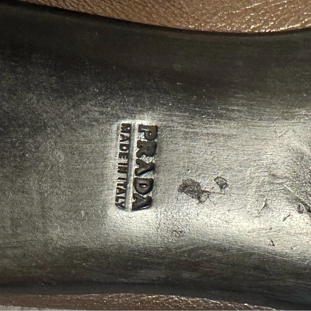 Prada Metallic Gold Pebbled Leather Penny Loafers - Picture 3 of 6